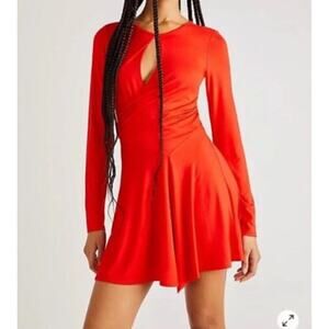 Free People Beach Vance Mini Dress Large Black Jersey Stretch‎ Keyhole Sleeves